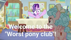 Size: 1280x720 | Tagged: safe, derpibooru import, edit, edited screencap, screencap, cozy glow, starlight glimmer, pegasus, pony, marks for effort, abuse, blatant lies, butt, cozy glutes, cozybuse, drama, drama bait, female, filly, foal, glimmerbuse, plot, starlight drama, worst pony