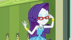 Size: 1280x720 | Tagged: safe, derpibooru import, screencap, rarity, equestria girls, equestria girls series, happily ever after party, bracelet, geode of shielding, glasses, grin, happily ever after party: rarity, image, jewelry, magical geodes, pendant, png, rarity peplum dress, rarity's glasses, sleeveless, smiling, solo, spreading fingers