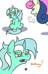 Size: 660x1014 | Tagged: safe, artist:jargon scott, derpibooru import, bon bon, lyra heartstrings, sweetie drops, earth pony, pony, spider, unicorn, back, bon bon is not amused, both cutie marks, comic, cutie mark, dialogue, eww, female, fetish, gross, horn, looking back, mare, open mouth, pica, ponies eating bugs, secret, simple background, spider web, unamused, white background