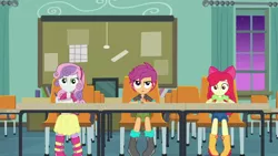 Size: 1280x720 | Tagged: safe, derpibooru import, screencap, apple bloom, scootaloo, sweetie belle, equestria girls, equestria girls series, happily ever after party, animation error, boots, classroom, clothes, cutie mark crusaders, female, happily ever after party: rarity, jeans, night, pants, shoes, skirt, trio, trio female