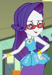 Size: 434x624 | Tagged: safe, derpibooru import, screencap, rarity, equestria girls, equestria girls series, happily ever after party, armpits, belt, blue eyes, blue eyeshadow, bracelet, clothes, cropped, cutie mark, cutie mark on clothes, dress, eyeshadow, female, frilly design, geode of shielding, glasses, gold, hairpin, hand on hip, hand out, happily ever after party: rarity, image, jewelry, makeup, open mouth, pencil skirt, pendant, png, purple hair, rarity's glasses, sleeveless, sleeveless tank top, solo, white skin
