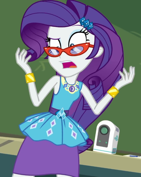 Size: 572x718 | Tagged: safe, derpibooru import, screencap, rarity, equestria girls, equestria girls series, happily ever after party, bracelet, cropped, female, geode of shielding, glasses, glasses rarity, happily ever after party: rarity, jewelry, projector, solo