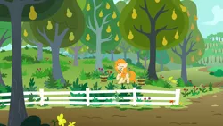 Size: 1279x719 | Tagged: safe, derpibooru import, screencap, pear butter, earth pony, pony, the perfect pear, bucket, eyes closed, female, fence, food, mare, mouth hold, orchard, pear, pear orchard, pear tree, plant, pulling, solo, straining, tree, weeding, weeds