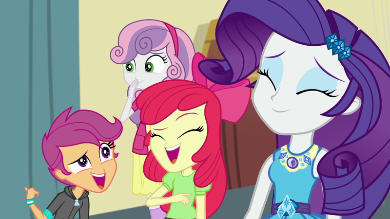 Size: 1280x720 | Tagged: safe, derpibooru import, screencap, apple bloom, rarity, scootaloo, sweetie belle, equestria girls, equestria girls series, happily ever after party, adorabloom, apple bloom's bow, bow, cute, cutealoo, cutie mark crusaders, diasweetes, female, geode of shielding, hair bow, happily ever after party: rarity, laughing, raribetes, sisters