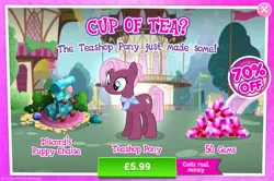 Size: 796x527 | Tagged: safe, derpibooru import, official, jasmine leaf, earth pony, pony, advertisement, chase lounge, costs real money, fainting couch, female, gameloft, gem, mare, sale