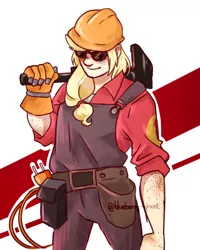 Size: 1024x1278 | Tagged: applejack, artist:ghostofblueberries, blonde, crossover, derpibooru import, engiejack, engineer, female, helmet, human, humanized, my little pony, parody, safe, team fortress 2, woman, wrench