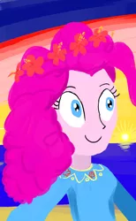 Size: 1600x2600 | Tagged: safe, artist:horsesplease, derpibooru import, pinkie pie, equestria girls, baju kurung, beach, clothes, dress, female, floral head wreath, flower, hibiscus, independence day, malay independence day, malaysia, ocean, smiling, solo, sun, sunrise