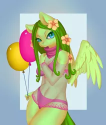 Size: 2117x2500 | Tagged: air balloon, anthro, anthro oc, artist:entarra, balloon, clothes, derpibooru import, female, floral pony, flower, flower in hair, green pony, mare, oc, oc:heady weed, pegasus, pegasus oc, safe, solo, underwear, unofficial characters only