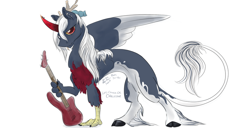 Size: 1280x692 | Tagged: artist:firimil, curved horn, derpibooru import, digital art, guitar, hybrid, interspecies offspring, leonine tail, male, next generation, oc, oc:chaos knight, offspring, parent:discord, parent:nightmare moon, parents:nightmarecord, safe, simple background, solo, stallion, unofficial characters only, white background