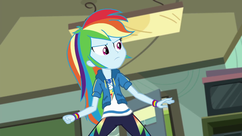 Size: 1280x720 | Tagged: safe, derpibooru import, screencap, rainbow dash, equestria girls, equestria girls series, happily ever after party, all clear, bracelet, clothes, cutie mark, cutie mark on clothes, geode of super speed, happily ever after party: rainbow dash, hoodie, image, jewelry, magical geodes, multicolored hair, necklace, pants, png, shirt, solo, sweatpants