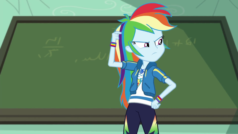 Size: 1280x720 | Tagged: safe, derpibooru import, screencap, rainbow dash, equestria girls, equestria girls series, happily ever after party, bracelet, chalkboard, clothes, cutie mark, cutie mark on clothes, geode of super speed, hand on hip, happily ever after party: rainbow dash, hmm, hoodie, image, jewelry, magical geodes, multicolored hair, necklace, pants, png, scratching head, shirt, solo, sweatpants, thinking