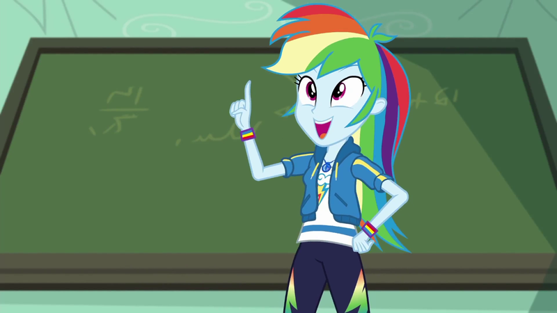 Size: 1280x720 | Tagged: safe, derpibooru import, screencap, rainbow dash, equestria girls, equestria girls series, happily ever after party, bracelet, chalkboard, clothes, cutie mark, cutie mark on clothes, geode of super speed, hand on hip, happily ever after party: rainbow dash, i've got an idea!, idea, image, jewelry, magical geodes, necklace, open mouth, pants, png, shirt, solo, sweatpants