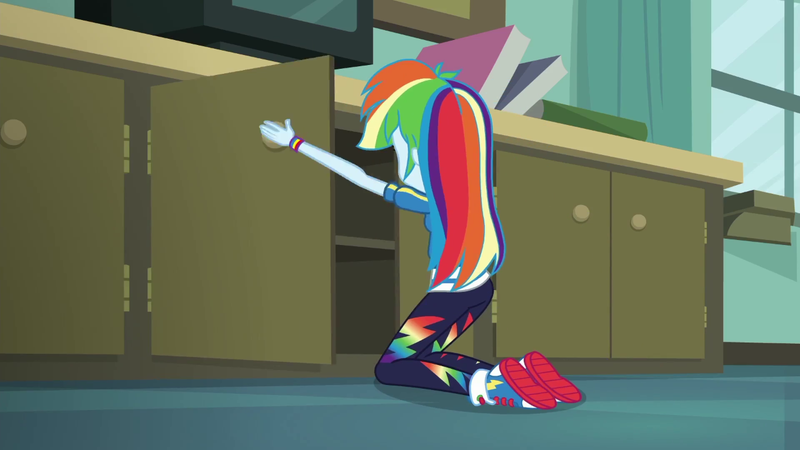 Size: 1280x720 | Tagged: safe, derpibooru import, screencap, rainbow dash, equestria girls, equestria girls series, happily ever after party, cabinet, converse, happily ever after party: rainbow dash, shoes, sneakers, solo