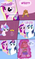 Size: 2400x4000 | Tagged: safe, artist:kunoichipikachu, derpibooru import, princess cadance, princess flurry heart, shining armor, oc, oc:tibtep, pony, angry, anime face, cute, cuteness overload, flurrybetes, goofy, levitation, lovebutt, macro/micro, magic, micro, plot, silly, silly pony, sitting, stuck, telekinesis, tiny, unaware