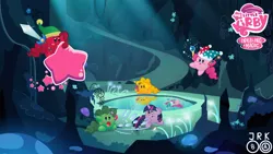 Size: 1024x576 | Tagged: safe, artist:jrk08004, derpibooru import, pinkie pie, twilight sparkle, cave, cave pool, crossover, image, kirby, kirby & the amazing mirror, kirby (character), kirby pie, kirby twilight, kirbyfied, mirror pool, png, star rod, sword, warp star, weapon