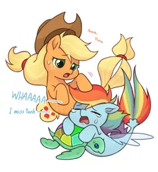 Size: 1100x1200 | Tagged: safe, artist:dcon, derpibooru import, applejack, rainbow dash, pony, seapony (g4), turtle, my little pony: the movie, crying, crying in the sea, duo, female, implied tank, mare, sea turtle, seaponified, seapony applejack, seapony rainbow dash, species swap, underwater