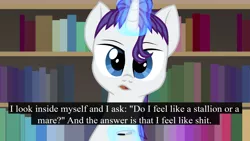 Size: 2870x1614 | Tagged: safe, artist:aaronmk, derpibooru import, rarity, pony, unicorn, alternate hairstyle, bookcase, bookshelf, contrapoints, crossover, female, genderqueer, hair bun, levitation, looking at you, magic, male, mare, me irl, natalie wynn, open mouth, subtitles, telekinesis, text, transgender, youtuber