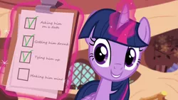 Size: 1280x720 | Tagged: safe, derpibooru import, edit, edited screencap, screencap, twilight sparkle, twilight sparkle (alicorn), alicorn, testing testing 1-2-3, /mlp/, 4chan, checklist, golden oaks library, reversed gender roles equestria, smiling, solo