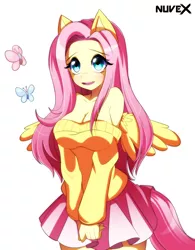 Size: 1280x1638 | Tagged: adorasexy, anime, anthro, artist:nuvex, big breasts, breasts, busty fluttershy, butterfly, cleavage, clothes, cute, derpibooru import, female, fluttershy, looking at you, moe, sexy, shyabetes, skirt, solo, suggestive, sweater, sweatershy, wings