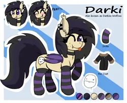 Size: 1217x984 | Tagged: safe, artist:darkwolfhybrid, derpibooru import, oc, oc:darkius wolficus, unofficial characters only, bat pony, :p, bat pony oc, blushing, chest fluff, clothes, collar, cute, ear piercing, expressions, female, fur coat, heterochromia, one eye closed, piercing, poker face, raised hoof, reference sheet, silly, socks, solo, striped socks, tongue out, wink