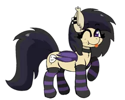 Size: 1046x843 | Tagged: safe, artist:darkwolfhybrid, derpibooru import, oc, oc:darkius wolficus, unofficial characters only, bat pony, pony, 2019 community collab, derpibooru community collaboration, :p, bat pony oc, chest fluff, clothes, collar, cute, ear fluff, ear piercing, female, one eye closed, piercing, raised hoof, silly, simple background, socks, solo, striped socks, tongue out, transparent background, wink