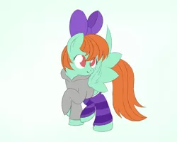 Size: 1280x1024 | Tagged: safe, artist:ideltavelocity, derpibooru import, peppermint goldylinks, pegasus, pony, bow, clothes, female, friendship student, hair bow, hoodie, leg warmers, mare, no pupils, raised hoof, raised leg, simple background, smiling, solo, spread wings, standing, white background, wings