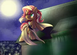 Size: 1000x712 | Tagged: safe, artist:cabbage-arts, derpibooru import, sunset shimmer, pony, unicorn, building, city, clothes, commission, crossover, dress, mission impossible, moon, roof, rooftop, solo