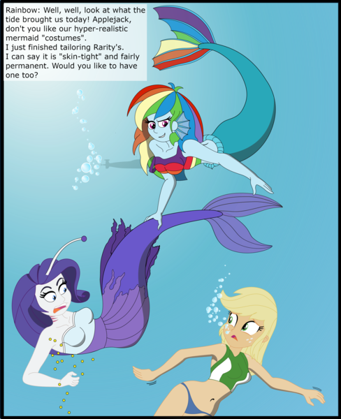 Size: 2683x3296 | Tagged: safe, artist:physicrodrigo, derpibooru import, edit, editor:rmzero, part of a set, applejack, rainbow dash, rarity, angler fish, mermaid, series:equestria mermaids, equestria girls, belly button, bikini, bikini bottom, bikini top, bubble, clothes, curse, cursed, dialogue, dress, gills, grin, jewelry, mermaidized, midriff, necklace, ocean, part of a series, pearl, pearl necklace, smiling, species swap, submarine, surprised, swimsuit, text