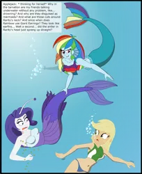 Size: 2683x3296 | Tagged: safe, artist:physicrodrigo, derpibooru import, edit, editor:rmzero, part of a set, applejack, rainbow dash, rarity, angler fish, mermaid, series:equestria mermaids, equestria girls, belly button, bikini, bikini bottom, bikini top, bubble, clothes, curse, cursed, dialogue, dress, grin, jewelry, mermaidized, midriff, necklace, ocean, part of a series, pearl, pearl necklace, smiling, species swap, submarine, surprised, swimsuit, text