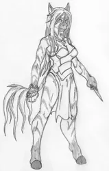 Size: 1366x2144 | Tagged: anthro, artist:siegfriednox, clothes, derpibooru import, fallout equestria, fallout equestria: project horizons, fanfic art, grayscale, knife, long mane, monochrome, oc, oc:pythia, safe, shaman, traditional art, unguligrade anthro, witch, zebra