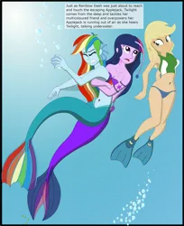 Size: 2683x3296 | Tagged: safe, artist:physicrodrigo, derpibooru import, edit, editor:rmzero, part of a set, applejack, rainbow dash, twilight sparkle, angler fish, mermaid, series:equestria mermaids, equestria girls, belly button, bikini, bikini bottom, bikini top, bubble, clothes, confused, curse, cursed, cutie mark, dialogue, gills, jewelry, mermaidized, midriff, necklace, ocean, part of a series, shell, shell bra, smiling, species swap, swimsuit, text