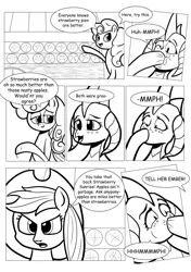 Size: 902x1280 | Tagged: applejack, apple pie, artist:ahobobo, cart, comic:expanding relations, derpibooru import, fanfic art, food, force feeding, grayscale, monochrome, pie, princess ember, safe, strawberry sunrise, this will end in weight gain