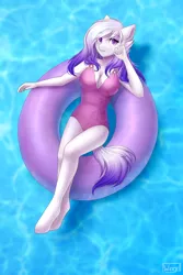 Size: 2000x3000 | Tagged: suggestive, artist:wingell, derpibooru import, oc, oc:cloud cover, unofficial characters only, anthro, earth pony, unguligrade anthro, anthro oc, breasts, cleavage, clothes, digital art, ear fluff, female, high res, inner tube, looking at you, looking up, mare, one-piece swimsuit, relaxing, signature, solo, swimsuit, water, ych result