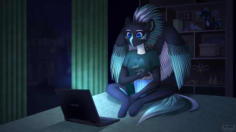 Size: 2700x1519 | Tagged: anthro, anthro oc, artist:wingell, clothes, commission, computer, derpibooru import, digital art, female, high res, laptop computer, mare, night, oc, oc:alpine apotheon, pegasus, safe, shirt, signature, solo, unguligrade anthro, unofficial characters only, ych result