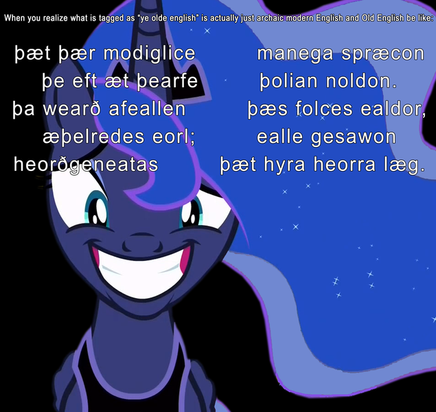 Size: 3573x3375 | Tagged: a royal problem, background removed, derpibooru import, edit, edited screencap, female, forced smile, gritted teeth, image macro, mare, meme, nervous, old english, poem, princess luna, reaction image, safe, screencap, simple background, smiley face, smiling, solo, transparent background, ye olde english