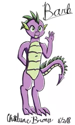Size: 2251x3751 | Tagged: artist:chiptunebrony, barb, barbabetes, cute, date, derpibooru import, name, rule 63, rule63betes, safe, semi-anthro, signature, smiling, spike, waving