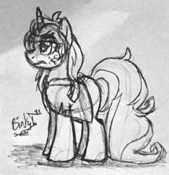 Size: 1830x1898 | Tagged: safe, artist:binkyt11, derpibooru import, oc, oc:belladonna lamia, unofficial characters only, pony, unicorn, female, freckles, mare, missing cutie mark, monochrome, pen drawing, solo, traditional art, unamused