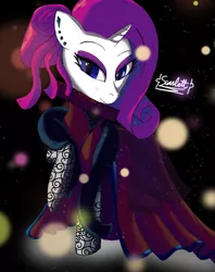 Size: 2543x3209 | Tagged: safe, artist:omega-scarlett, derpibooru import, rarity, pony, unicorn, black background, clothes, collar, dress, ear piercing, earring, elizabethan, feather boa, jewelry, looking at you, piercing, ruff (clothing), signature, simple background, solo