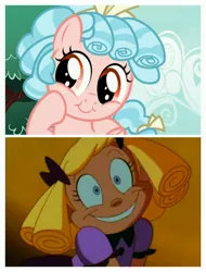 Size: 3106x4096 | Tagged: safe, derpibooru import, edit, edited screencap, screencap, cozy glow, human, pegasus, pony, marks for effort, baby doll, batman the animated series, bow, comparison, cozybetes, cropped, cute, female, filly, foal, hair bow, ringlets, tail bow