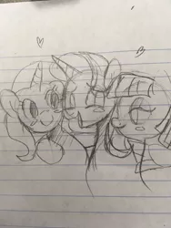 Size: 960x1280 | Tagged: safe, artist:leslers, derpibooru import, maud pie, starlight glimmer, trixie, earth pony, pony, unicorn, female, lesbian, lined paper, mauxie, monochrome, pencil drawing, shipping, starmaud, starmauxie, startrix, traditional art
