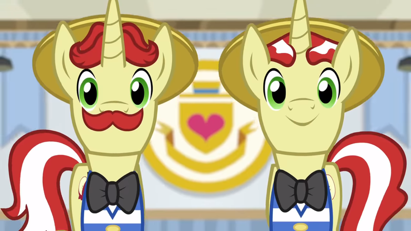 Size: 1366x768 | Tagged: cute, derpibooru import, duo, emblem, flam, flamabetes, flim, flimabetes, flim flam brothers, friendship university, happy, hat, heart, safe, screencap, smiling