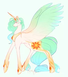 Size: 1280x1440 | Tagged: safe, artist:artistwave, derpibooru import, princess celestia, alicorn, pony, alternate hair color, body markings, colored wings, crown, cutie mark, female, head feathers, large wings, mare, peytral, ponytail, redesign, regalia, simple background, solo, white background, wings