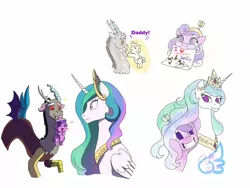 Size: 1600x1200 | Tagged: safe, artist:fallenangel5414, derpibooru import, discord, princess celestia, screwball, alicorn, draconequus, pony, baby, baby pony, crown, dialogue, dislestia, female, heart, male, mare, mouth hold, peytral, quadrupedal, regalia, scruff, shipping, simple background, straight, white background