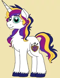 Size: 1096x1437 | Tagged: safe, artist:rosefang16, derpibooru import, oc, oc:shield cadenza, unofficial characters only, pony, unicorn, bio in description, chest fluff, male, parent:princess cadance, parent:shining armor, simple background, smiling, solo, stallion, unshorn fetlocks, yellow background