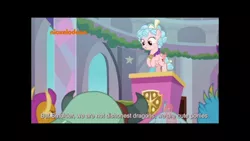 Size: 1280x720 | Tagged: safe, derpibooru import, edit, edited screencap, screencap, cozy glow, gallus, ocellus, smolder, yona, gryphon, pegasus, pony, school raze, caption, female, filly, foal, podium, racism, solo focus, speciesism, subtitles