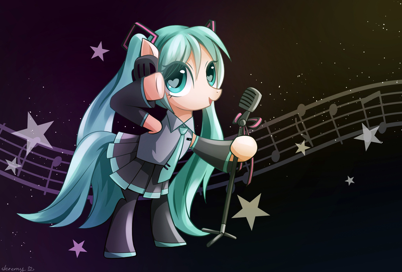 Size: 2039x1378 | Tagged: safe, artist:jeremywithlove, derpibooru import, ponified, earth pony, pony, female, hatsune miku, heart eyes, mare, microphone, singing, solo, vocaloid, wingding eyes