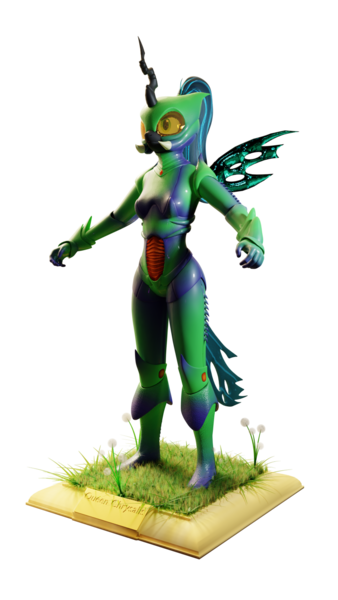 Size: 864x1536 | Tagged: 3d, anthro, armor, artist:evan555alpha, blank expression, blender, bodysuit, boots, clothes, cuirass, cycles, cycles render, dandelion, derpibooru import, fauld, front view, girdle, gloves, grass, helmet, mandibles, pauldron, peytral, plaque, ponytail, queen chrysalis, safe, shoes, simple background, tail, tights, t pose, transparent background