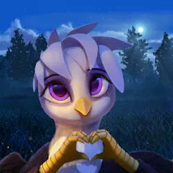 Size: 1920x1920 | Tagged: safe, artist:quvr, derpibooru import, oc, unofficial characters only, gryphon, cute, female, griffon oc, heart hands, looking at you, moon, night, not gilda, solo, weapons-grade cute