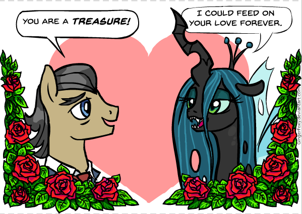 Size: 599x425 | Tagged: safe, artist:gingerfoxy, derpibooru import, filthy rich, queen chrysalis, changeling, earth pony, pony, pony couple generator, chrysarich, crack shipping, crown, eyebrows, fangs, female, flower, heart, jewelry, male, regalia, rose, shipping, straight, text