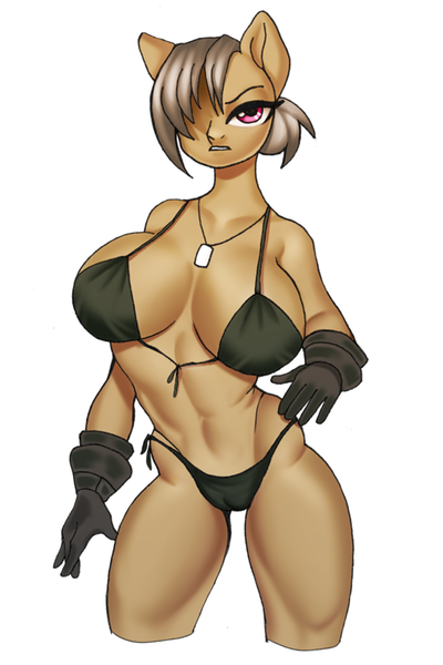 Size: 533x800 | Tagged: questionable, artist:yasuokakitsune, derpibooru import, oc, oc:captain jannet, anthro, earth pony, anthro oc, bangs, beam, big breasts, breasts, bronze, cameltoe, cloth, clothes, female, gloves, gray, huge breasts, looking at you, muscles, soldier, solo, swimsuit